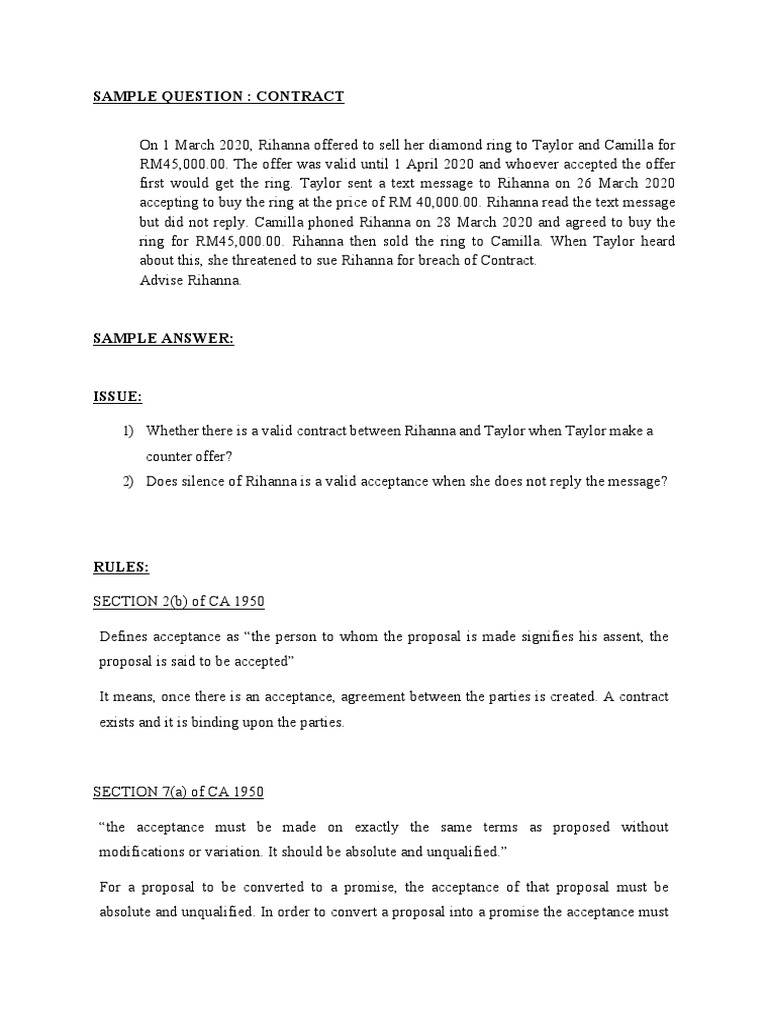 Sample Question: Contract | PDF | Offer And Acceptance | Legal Concepts