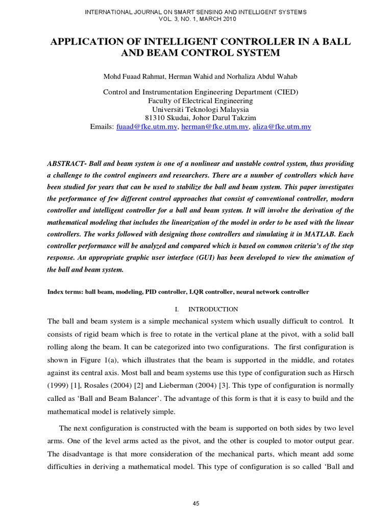 Application of Intelligent Controller in A Ball and Beam Control System ...