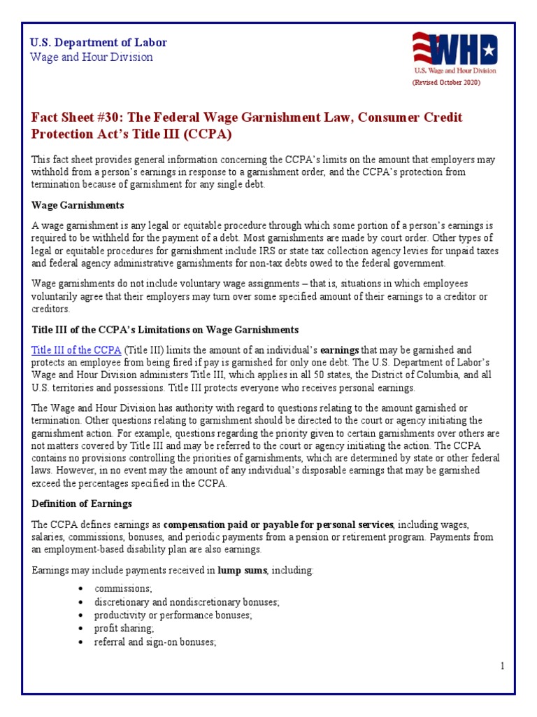 Fact Sheet #30: The Federal Wage Garnishment Law, Consumer Credit ...