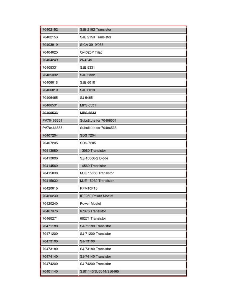Component Cross Reference List PDF Bipolar Junction Transistor