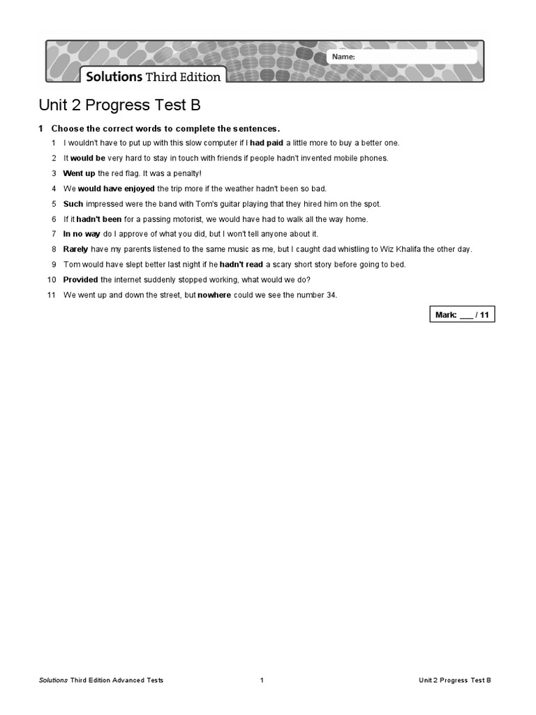 Unit 2 Progress Test B 1 Choose The Correct Words To Complete The