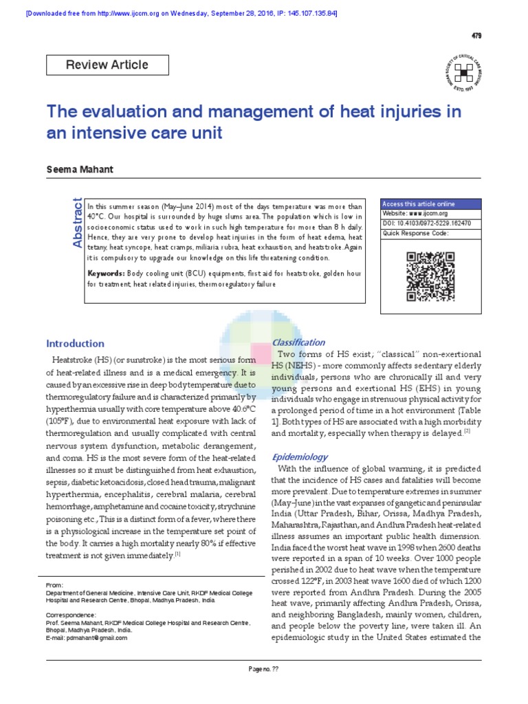 The Evaluation and Management of Heat Injuries in | PDF | Hyperthermia ...