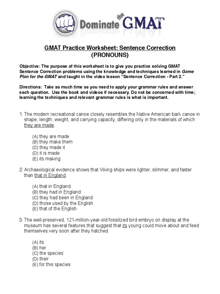 7.1 GMAT Worksheet Sentence Correction Pronouns V2 PDF Real Estate