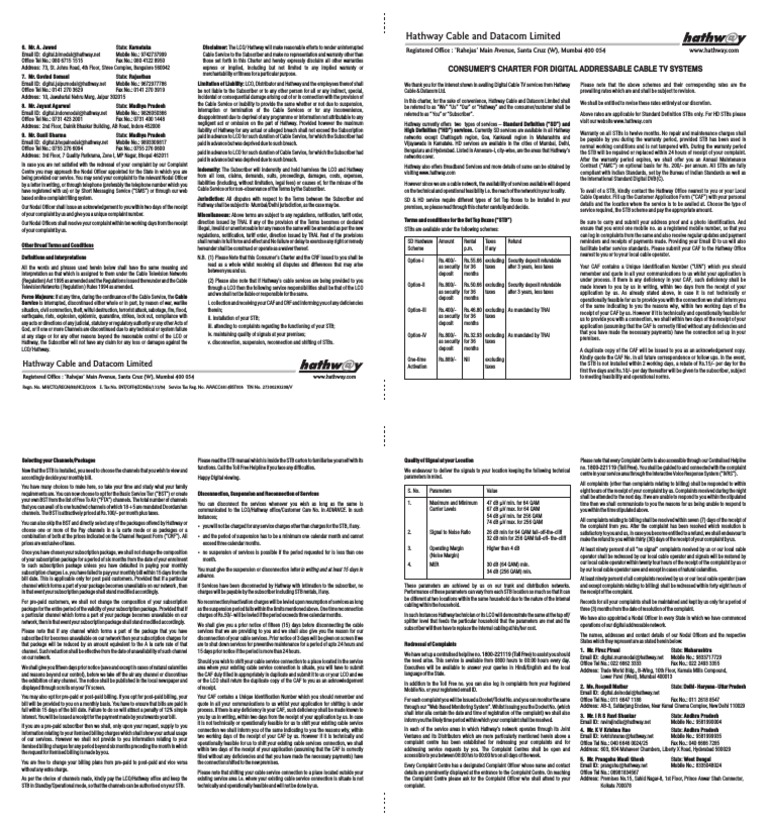 Hathway Cable and Limited Consumer'S Charter For Digital