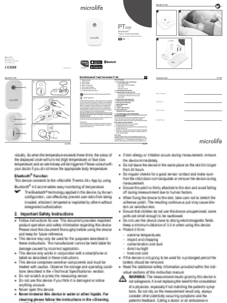 Bluetooth Patch Thermometer Microlife PT 200 PDF Thermometer