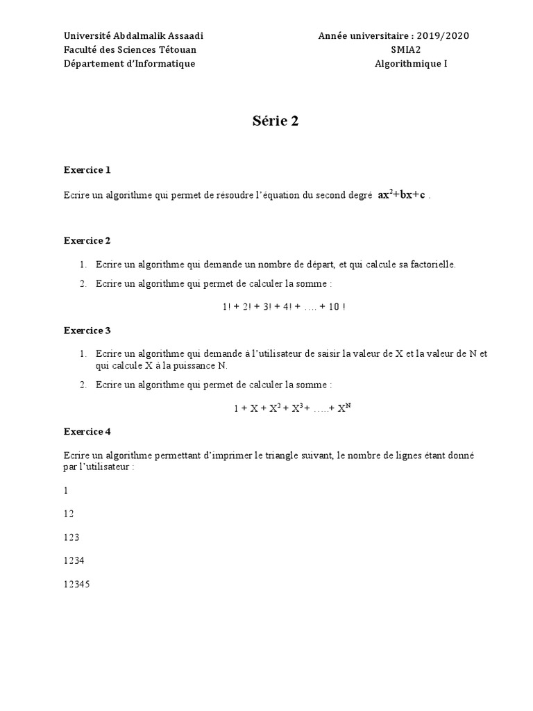 Exercices d'Algorithmique en Informatique | PDF