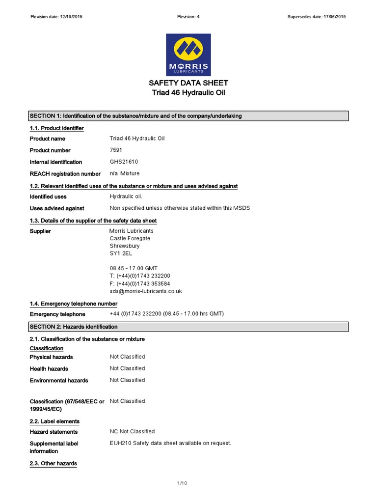 Safety Data Sheet Triad 46 Hydraulic Oil Revision Date 12/10/2015