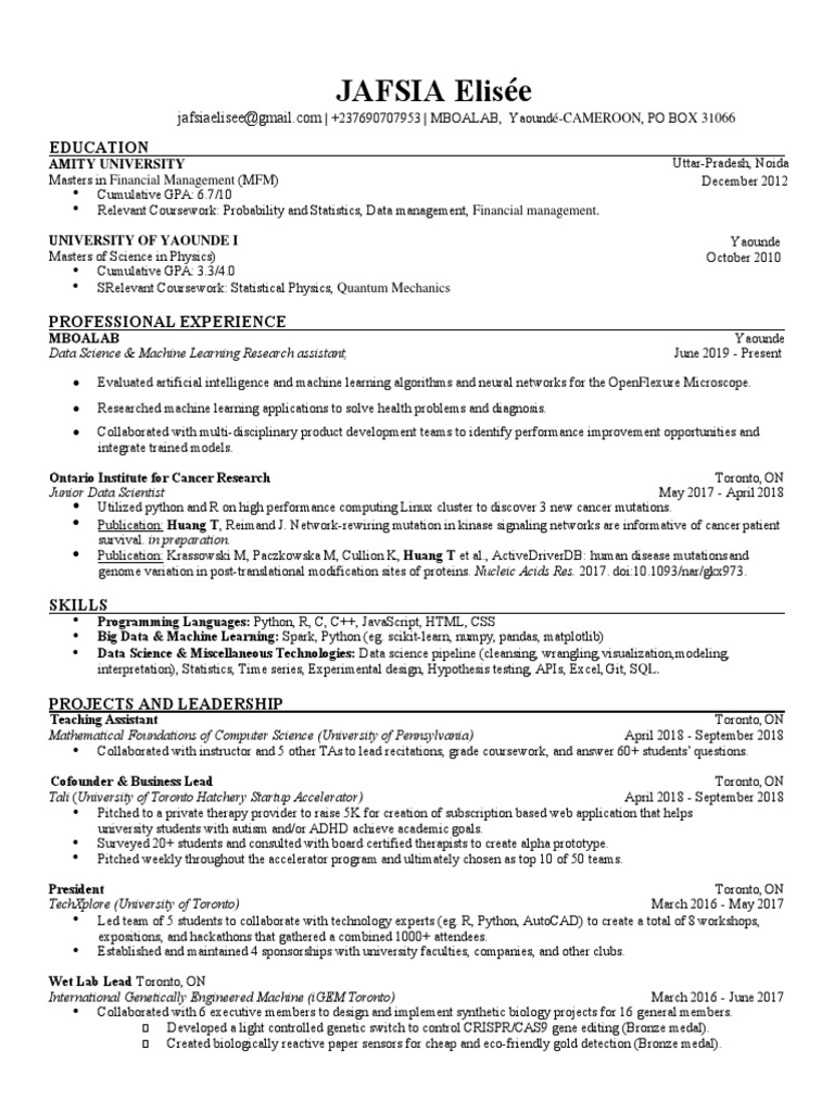 Tina Huang Resume I | PDF | Machine Learning | Biology