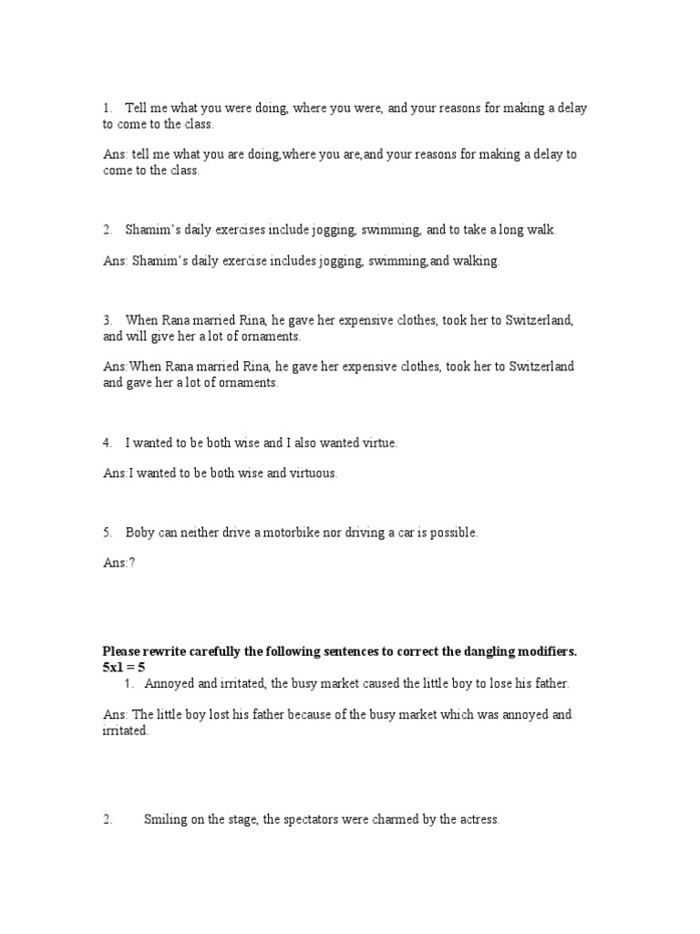 Correcting Dangling Modifiers and Exercises | PDF | Language Arts ...
