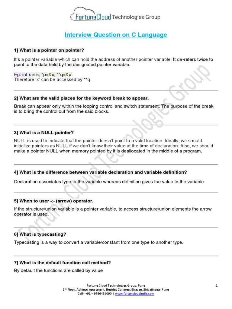 C Language Mock Interview Questions | PDF | Pointer (Computer ...