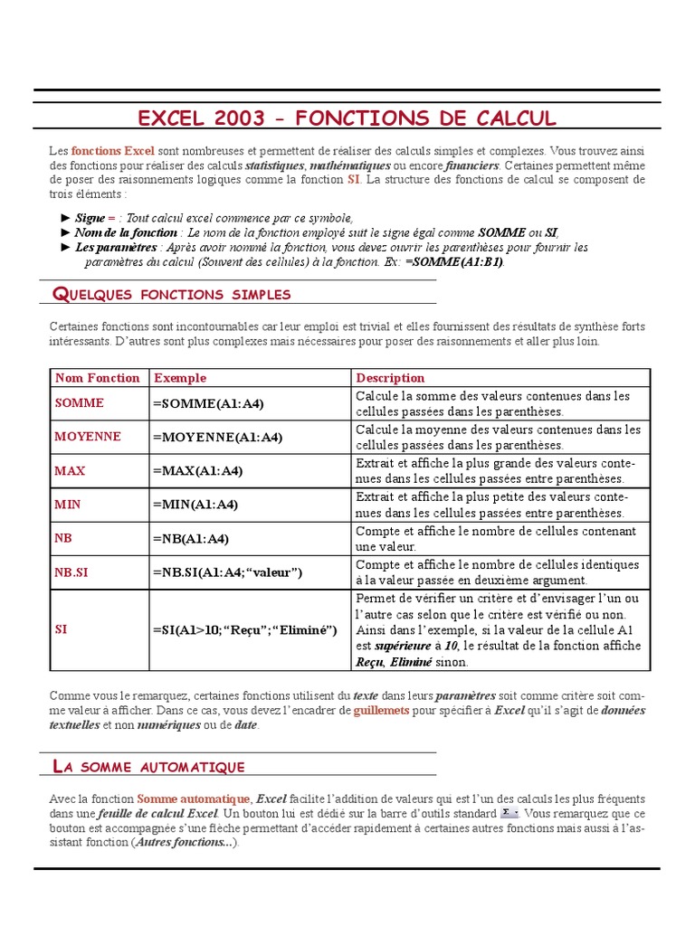 Maîtrisez les Fonctions Excel 2003 | PDF | Microsoft Excel | Somme ...