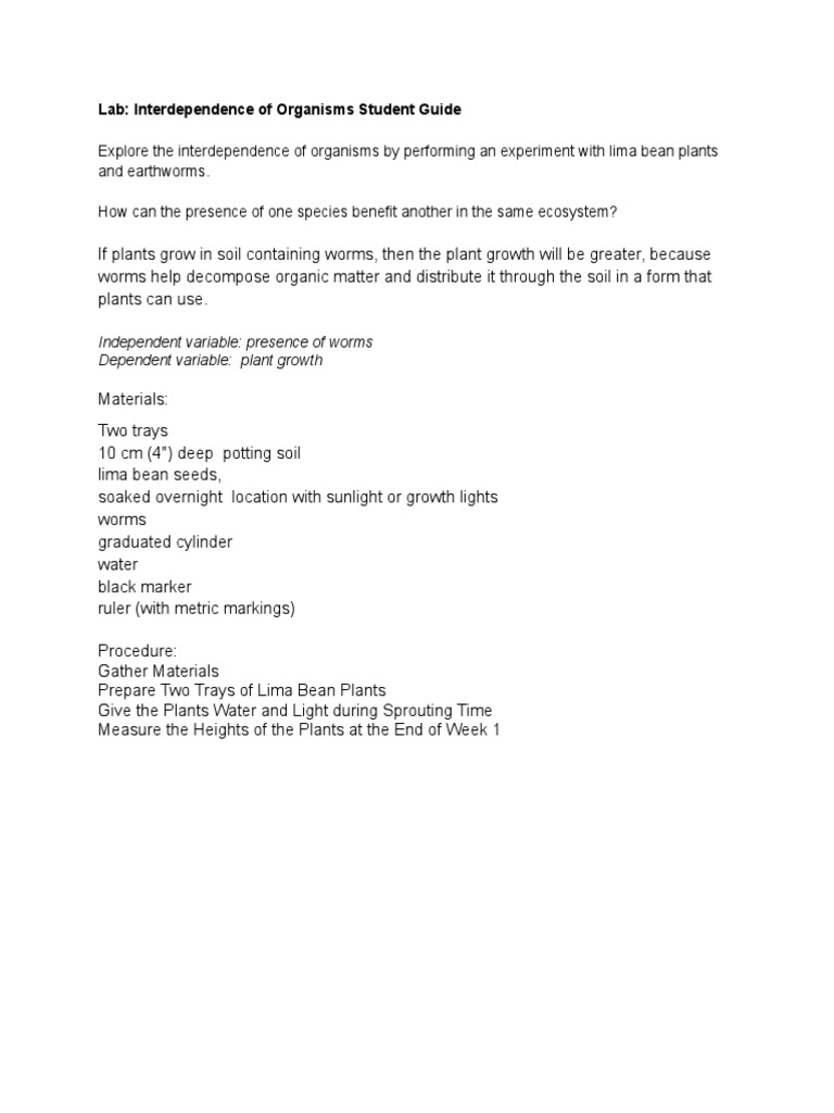 Lab Interdependence of Organisms Student Guide PDF