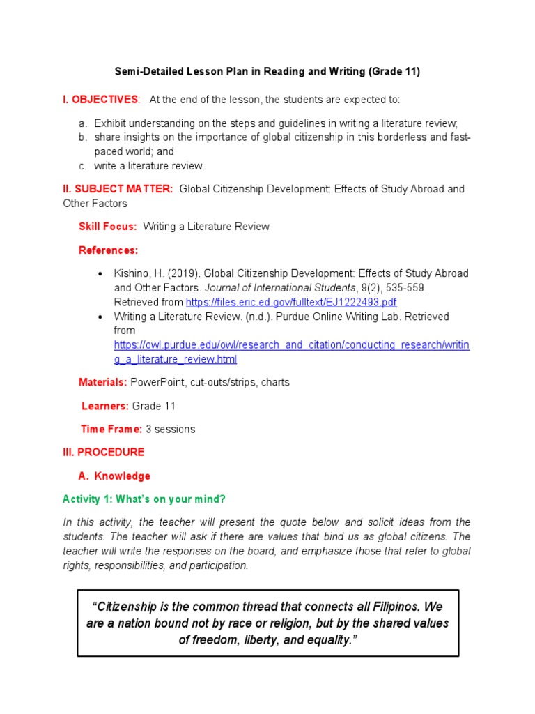 I. Objectives SemiDetailed Lesson Plan in Reading and Writing (Grade