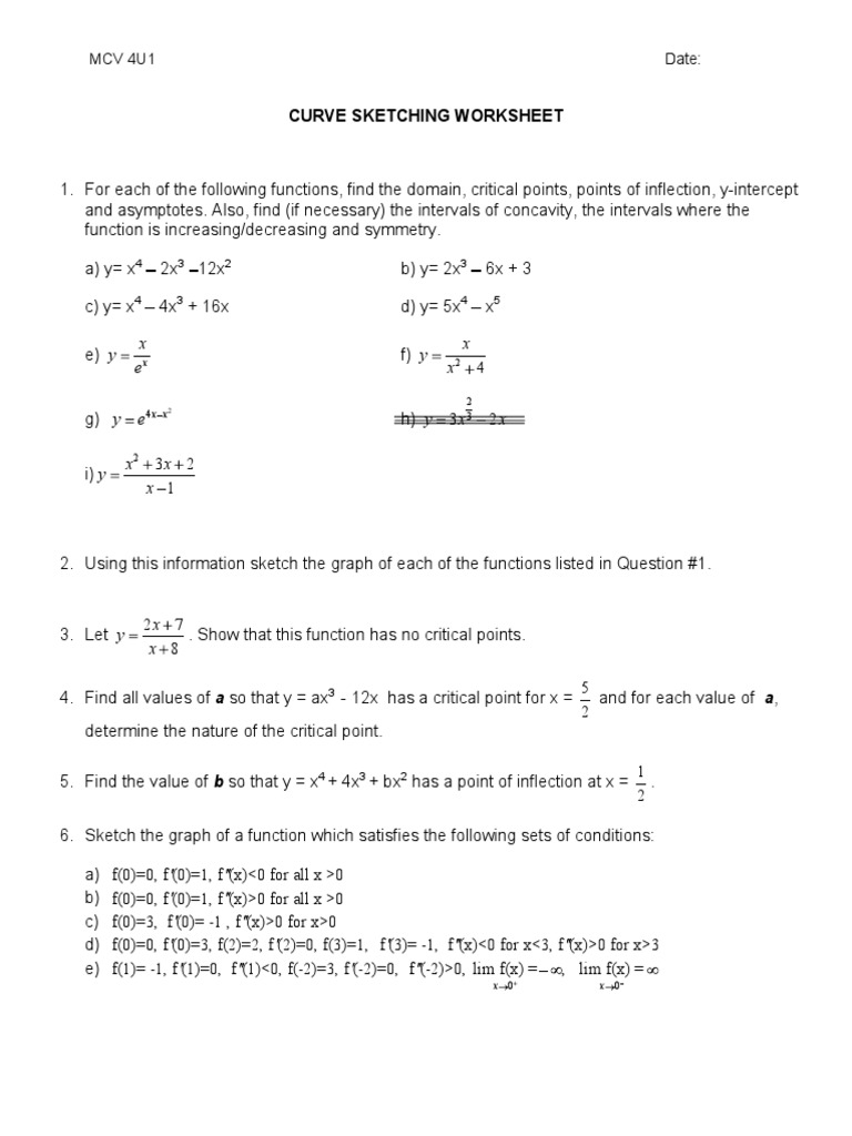 Curve Sketching Worksheet Guide | PDF | Calculus | Functions And Mappings