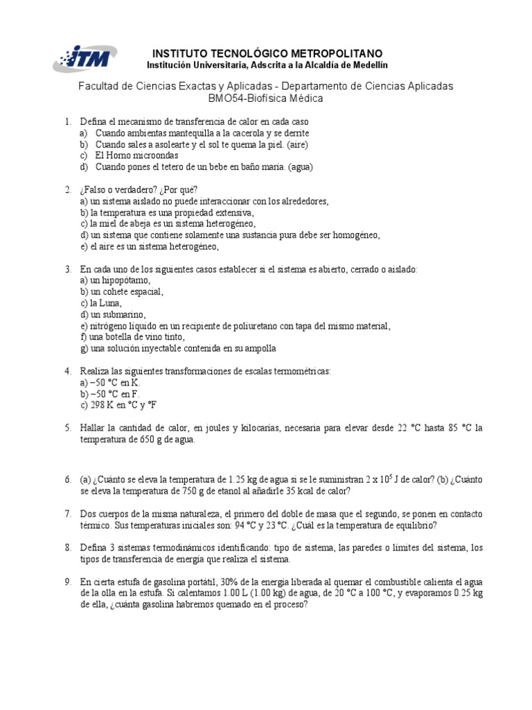 Taller Termodinamica Pdf Calor Temperatura