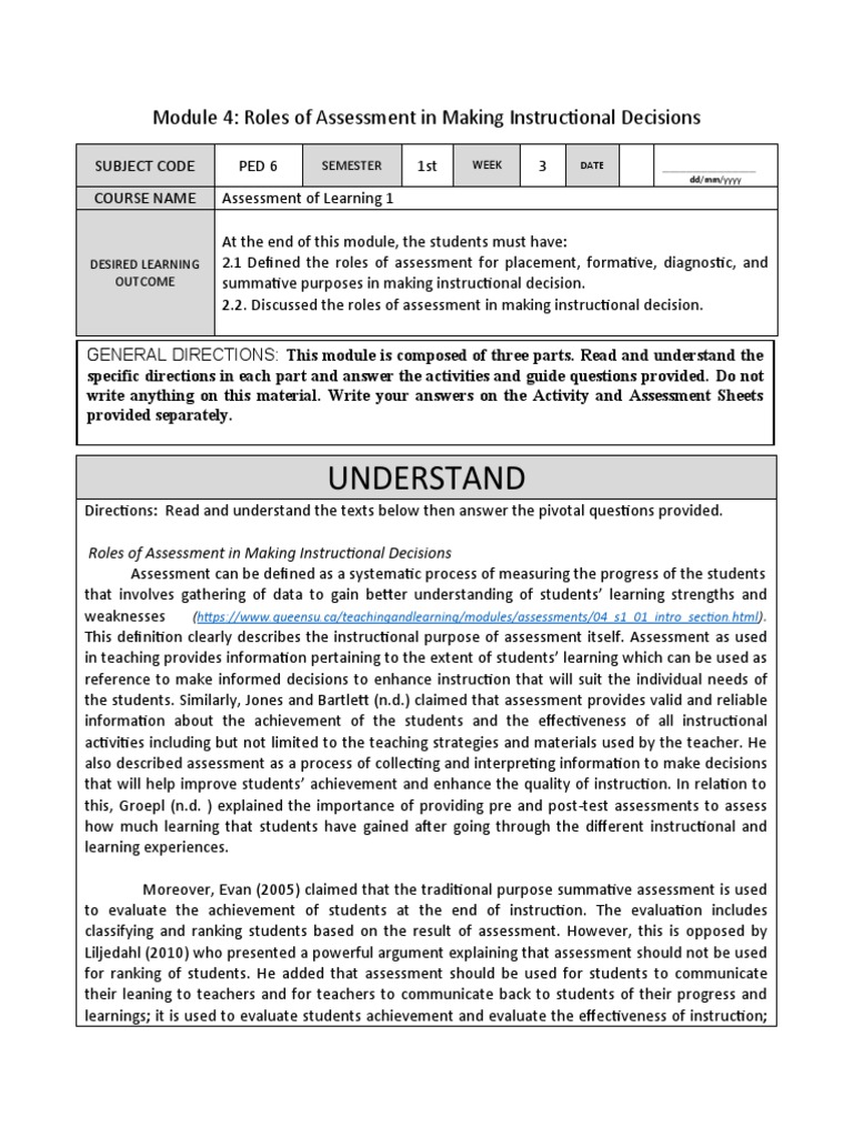Assessment Roles in Instructional Decisions | PDF | Educational ...