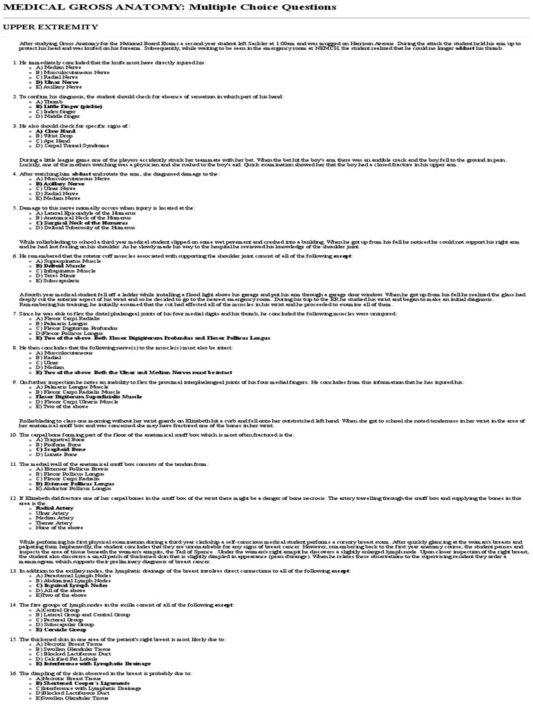 Medical Gross Anatomy - Questions | PDF | Arm | Hand