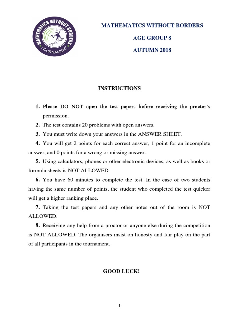 Mathematics Without Borders Age Group 8 AUTUMN 2018 | Download Free PDF ...