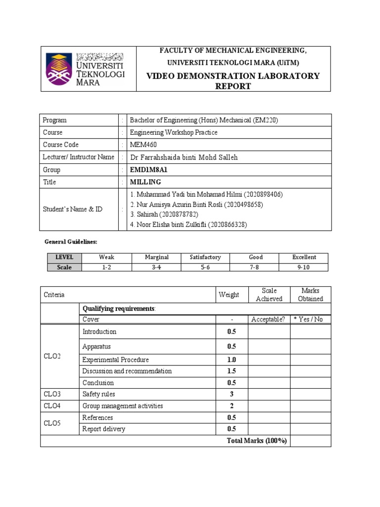 MEM460 Milling Full Report PDF Machining Industrial Processes