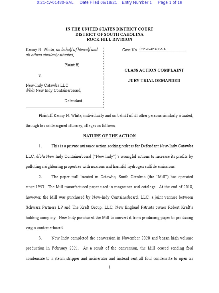 Class Action Lawsuit Filed Against New Indy Containerboard Papermill | PDF  | Class Action | Damages