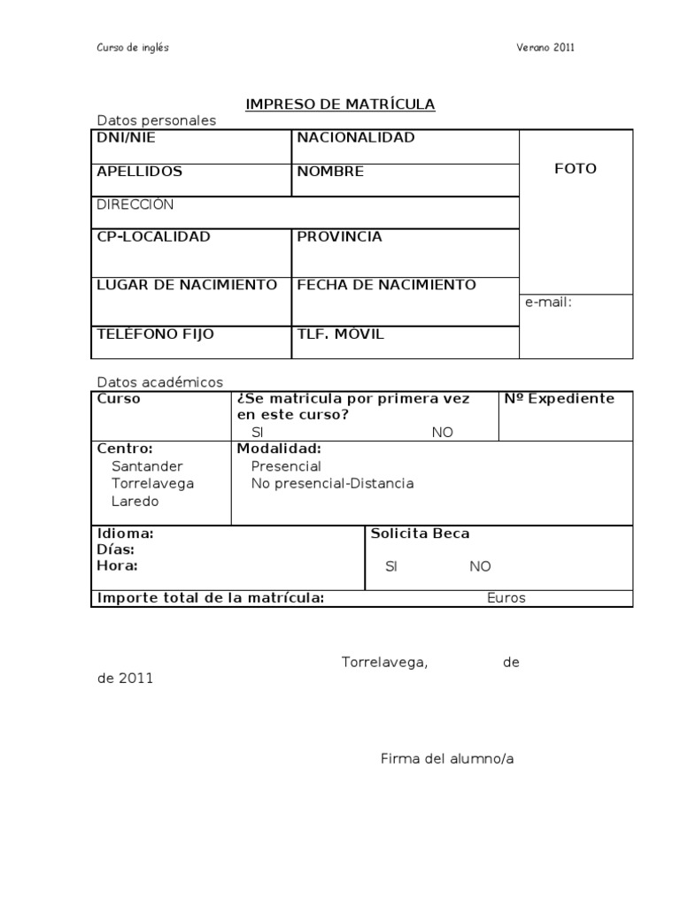 IMPRESO DE MATR CULA Ejemplo PDF