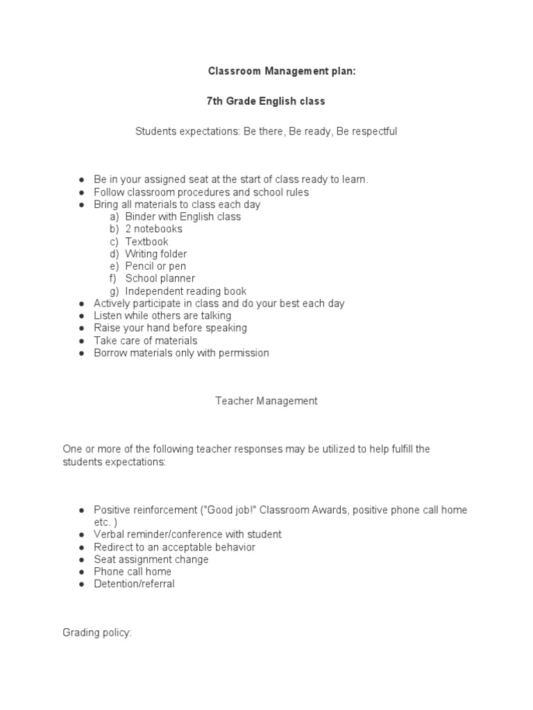 Classroom Management Plan: 7th Grade English Class | PDF | Career ...
