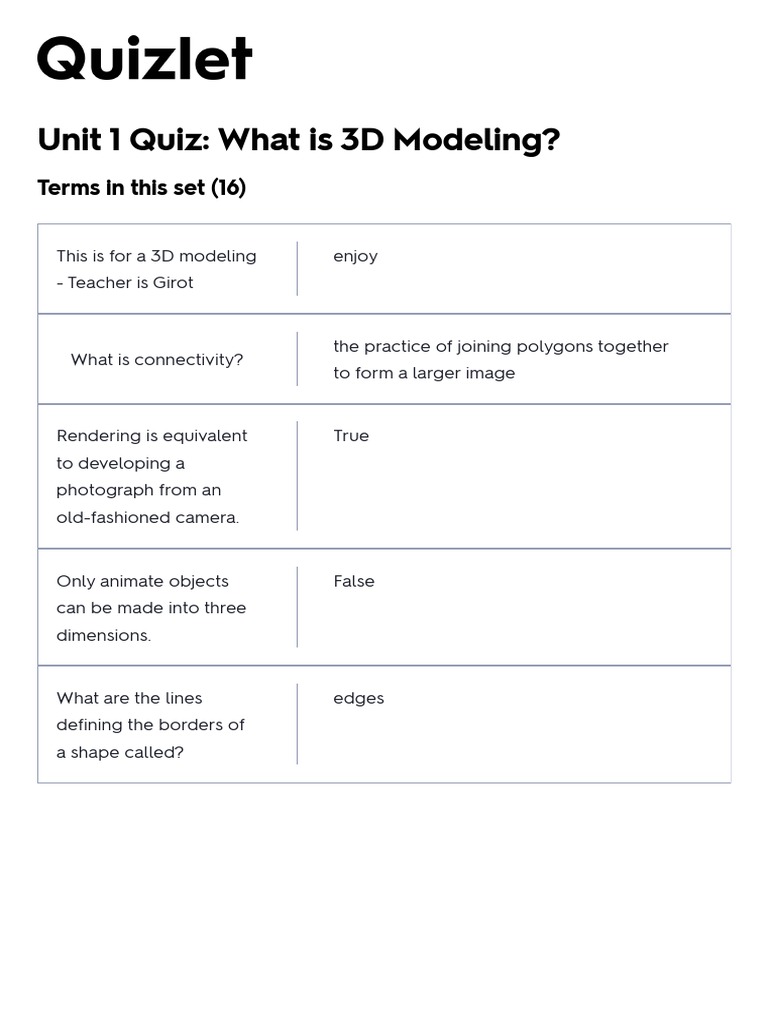 Unit 1 Quiz - What Is 3D Modeling - Flashcards - Quizlet | PDF