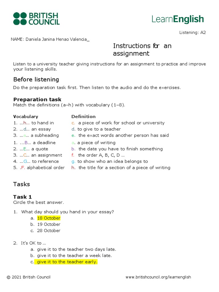 Instructions For An Assignment: Before Listening | PDF | Human ...