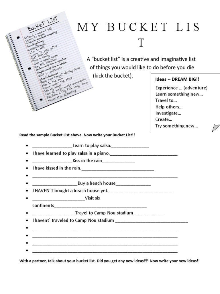 My Bucket List Worksheet Fun Activities Games Icebreakers Warmers
