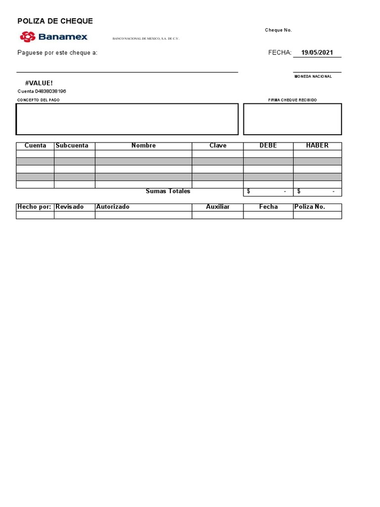 Ejemplo de Póliza de Cheque | PDF | Libra esterlina | Dólar de los ...