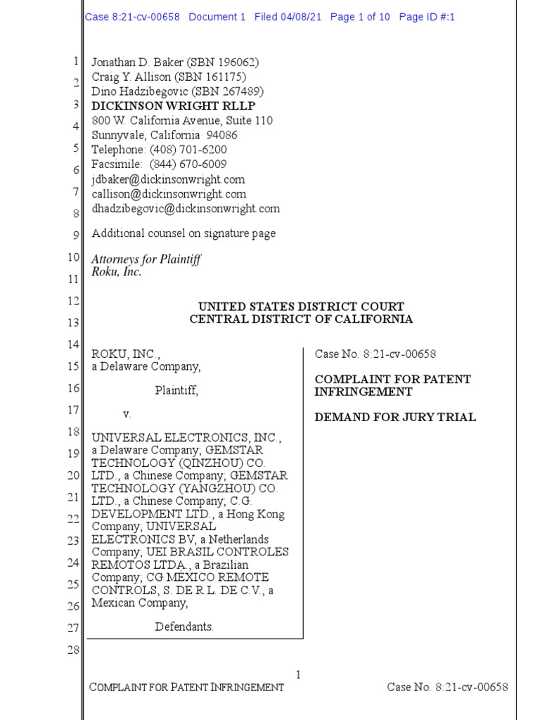 Roku v. Universal Electronics - Complaint | PDF | Patent