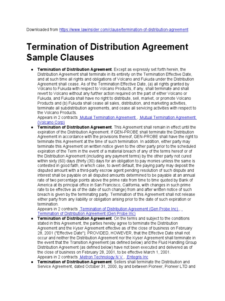 Termination of Distribution Agreement Clauses | PDF | Breach Of ...