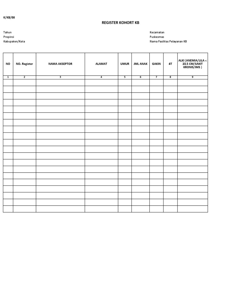Contoh Register Kohort KB 2023 | PDF