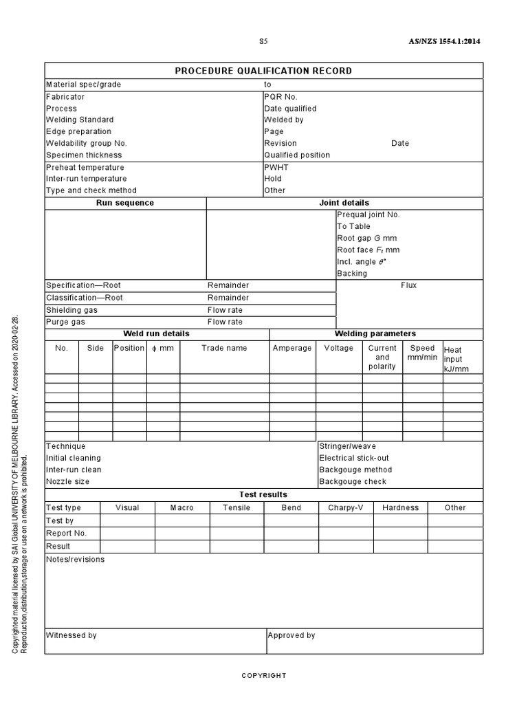 ASNZS 1554.12014 Procedure Qualification Record (PQR) PDF Welding