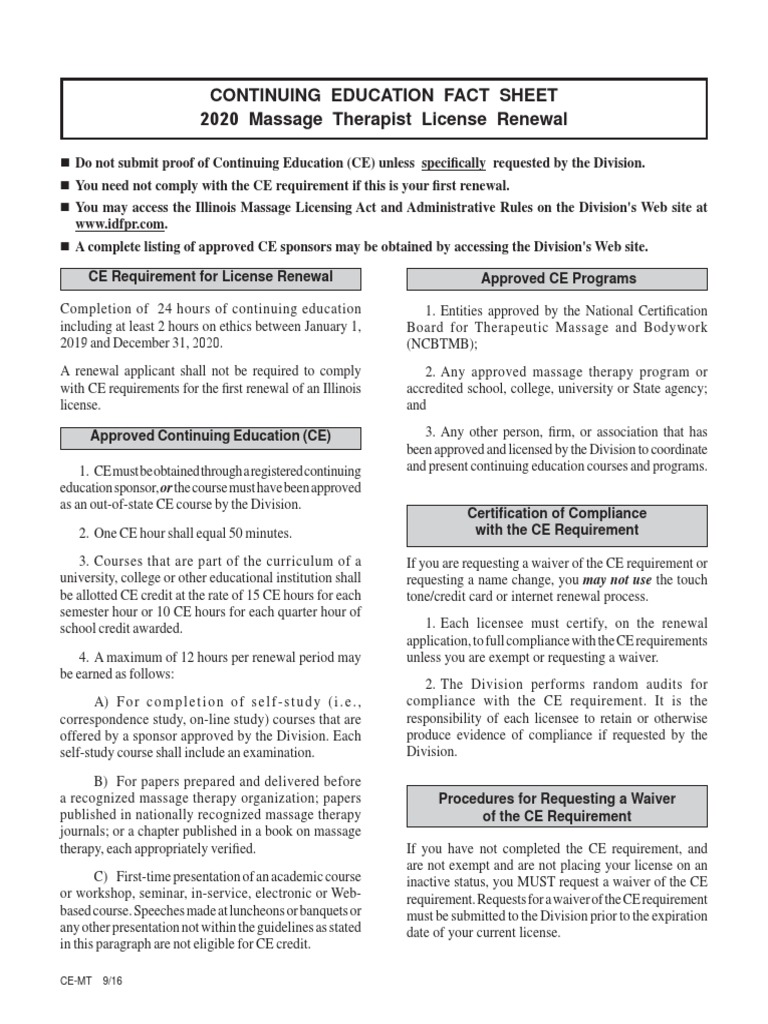 Continuing Education Fact Sheet 2020 Massage Therapist License Renewal PDF Massage Business