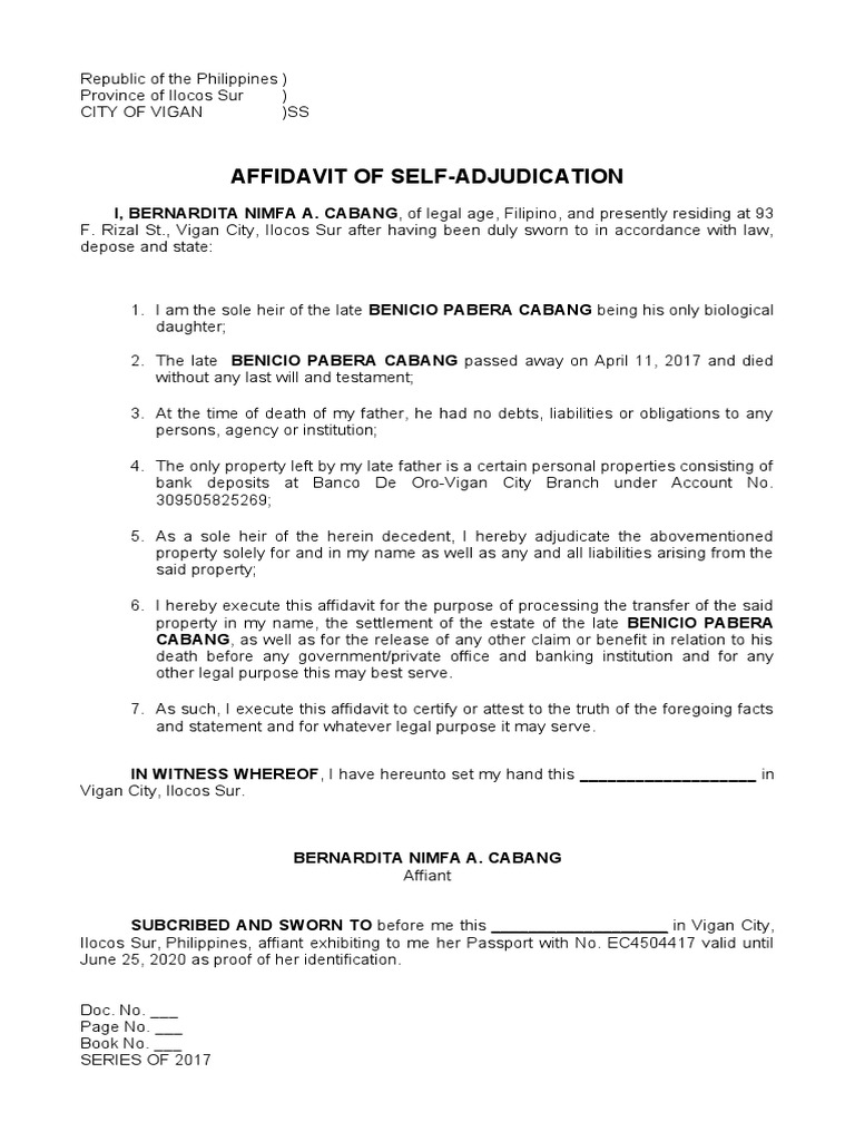 Affidavit of Self-Adjudication Samples | PDF | Affidavit | Civil Law ...