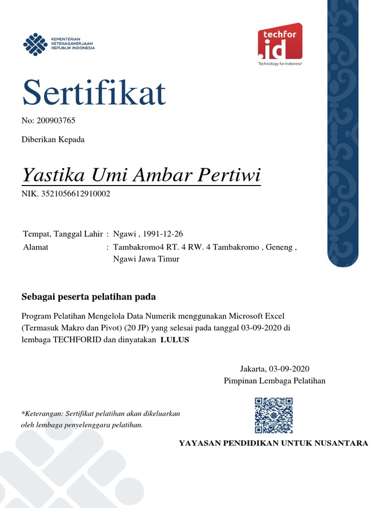 Sertifikat Pelatihan Excel Pdf