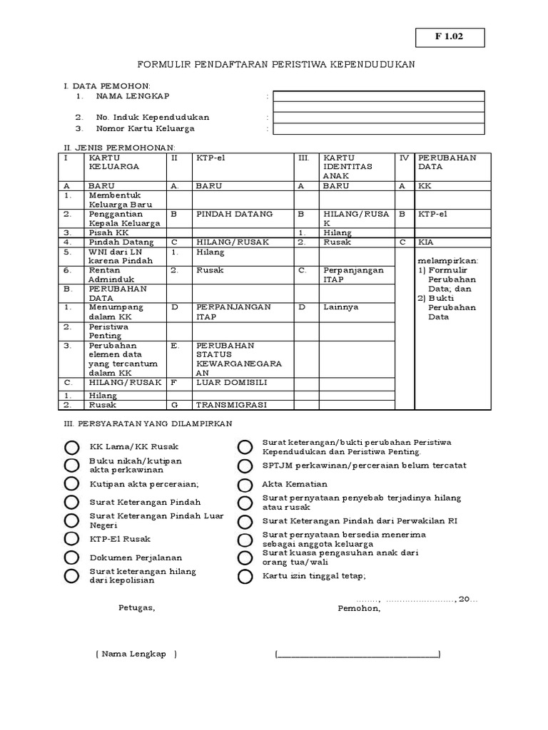 F 1 02 Formulir Pendaftaran Peristiwa Kependudukan | PDF
