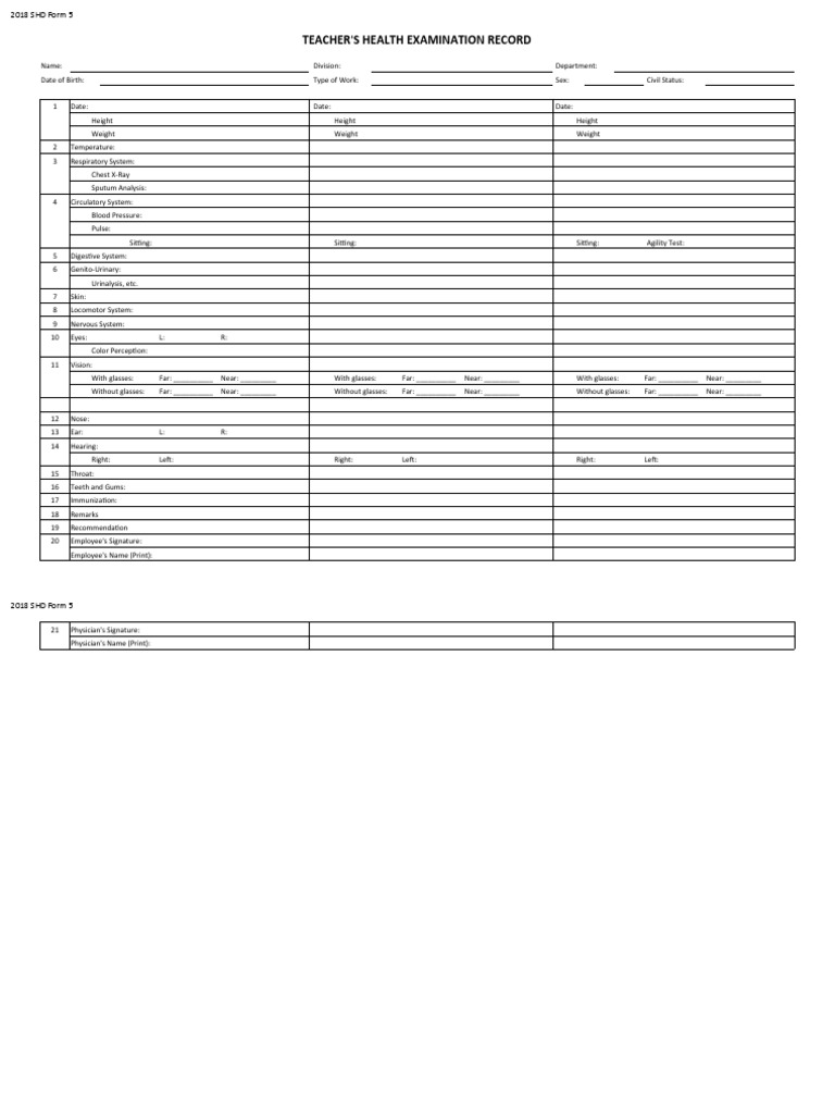 Teacher'S Health Examination Record PDF Medical Specialties