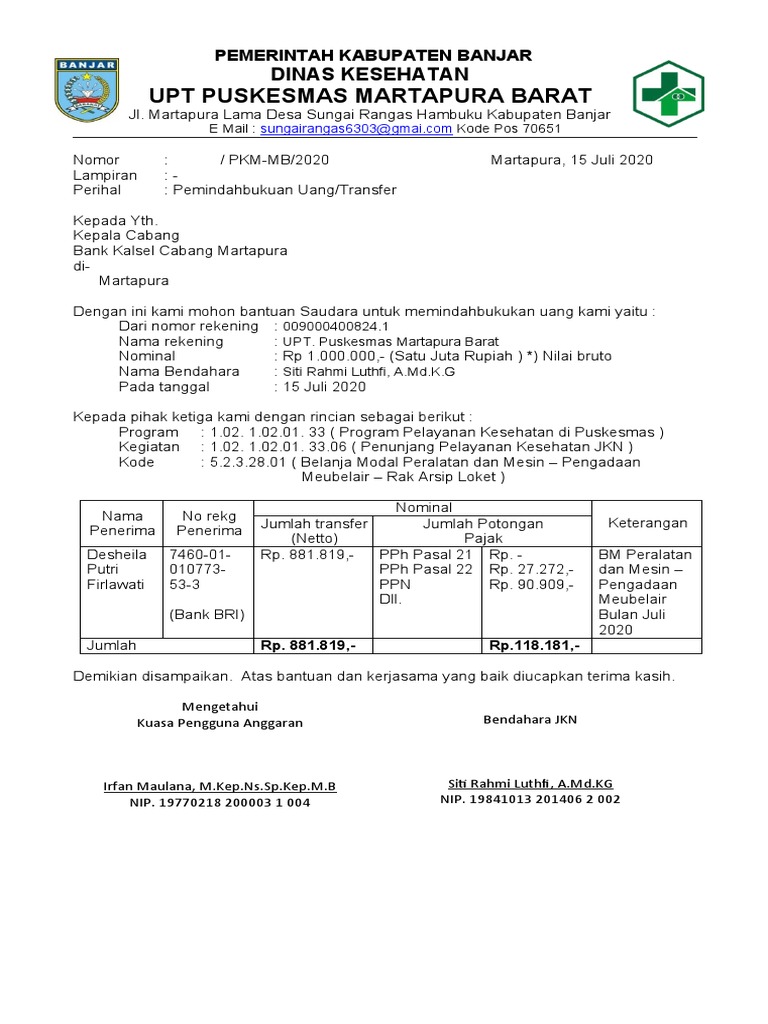 Pemindahbukuan Uang Puskesmas Martapura | PDF | Pengelolaan Keuangan & Uang