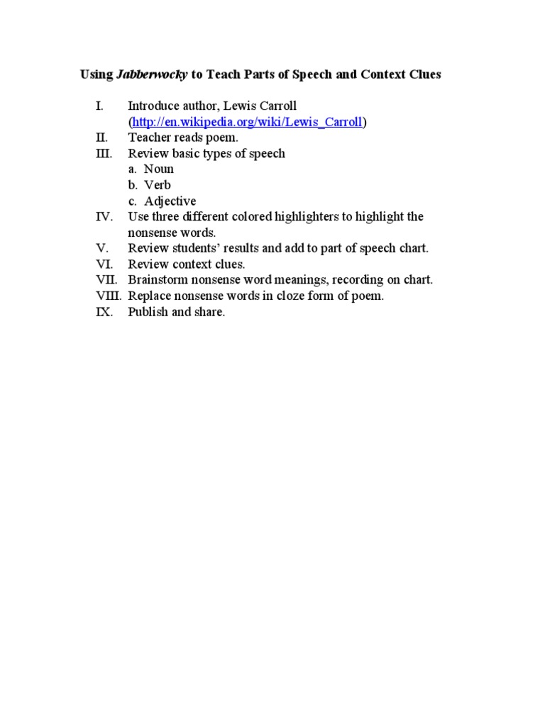 Using Jabberwocky To Teach Parts of Speech and Context Clues PDF