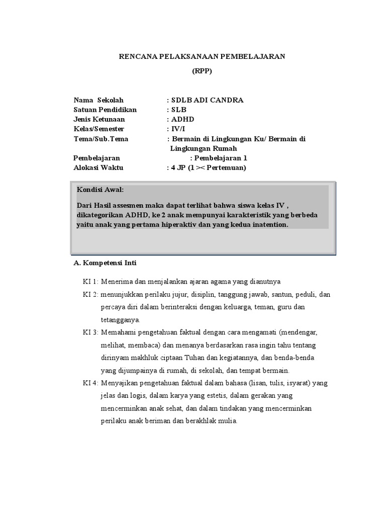 RPP (Rencana Pelaksanaan Pembelajaran) ADHD Kelas 4 SDLB | PDF