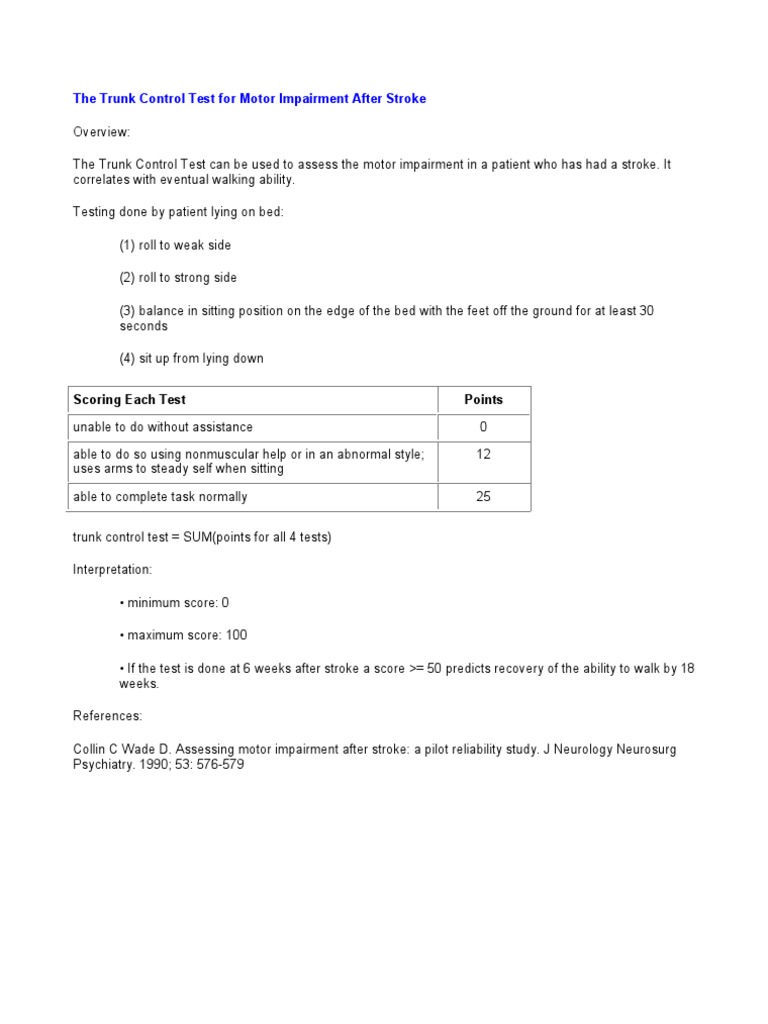 Trunk Control Test for Motor Assessment after Stroke