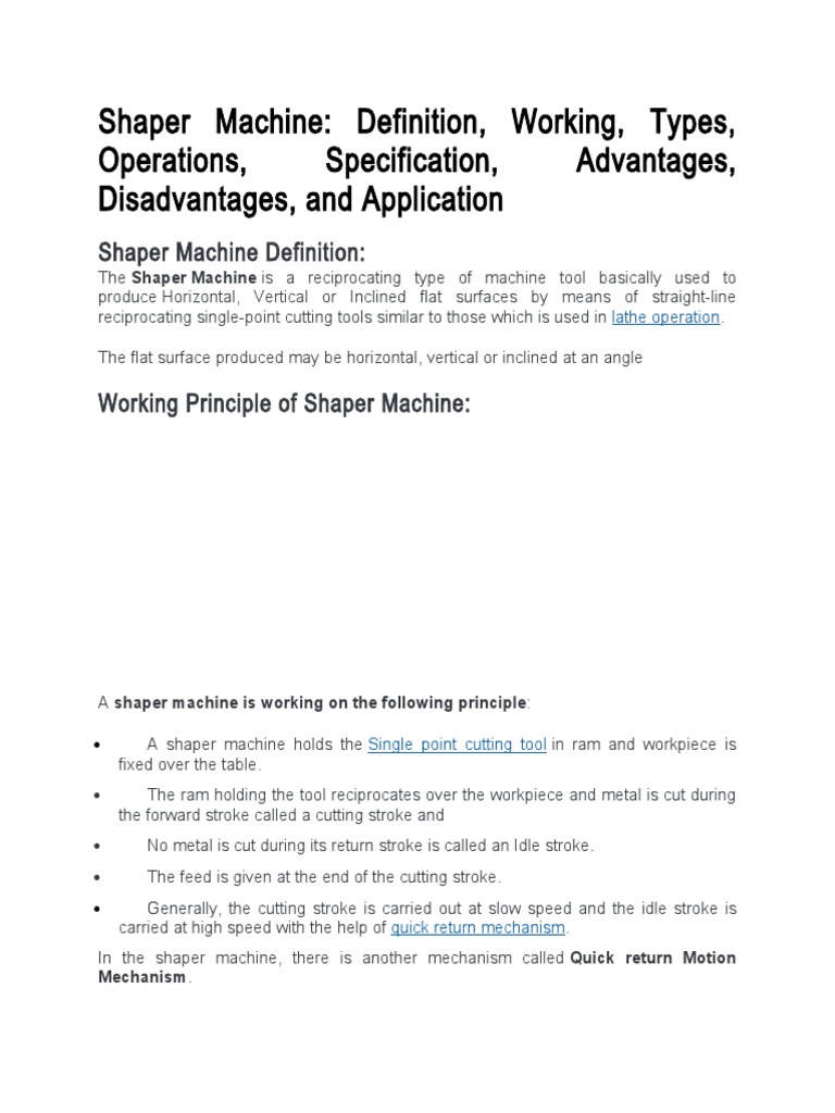 Shaper Machine Definition, Working, Types, Operations, Specification