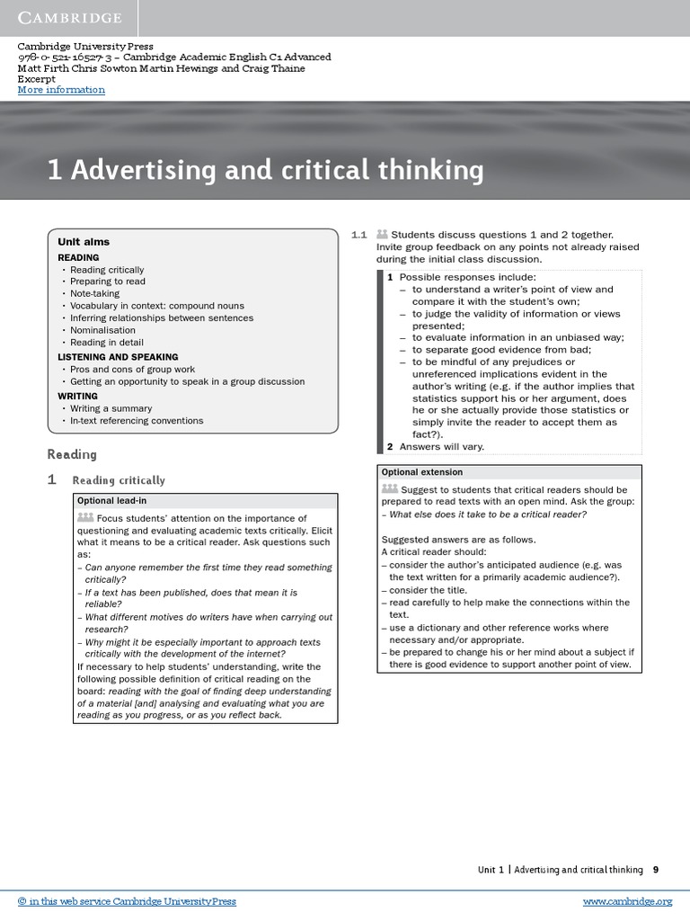 1 Advertising and Critical Thinking: Unit Aims | PDF | Question ...