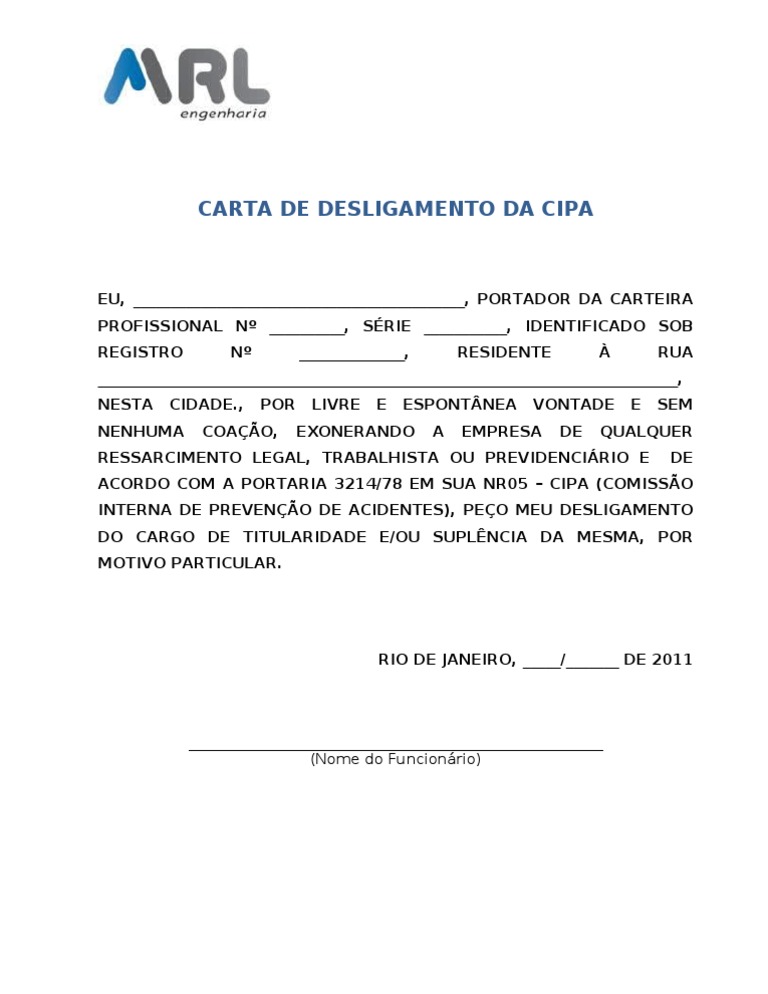 Carta de Desligamento de CIPA MRL