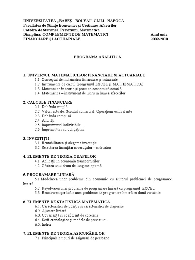 Complemente De Matematici Financiare Si Actuariale
