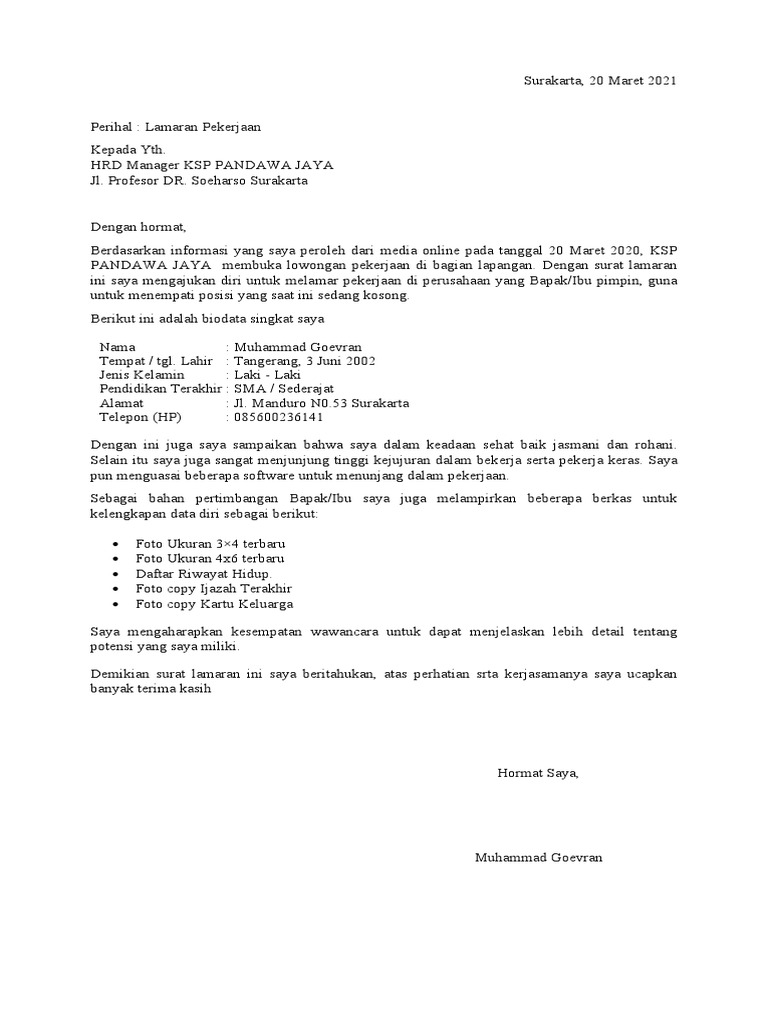 Download 93+ Contoh Surat Lamaran Kerja Pdf 2021 Terbaru Gratis