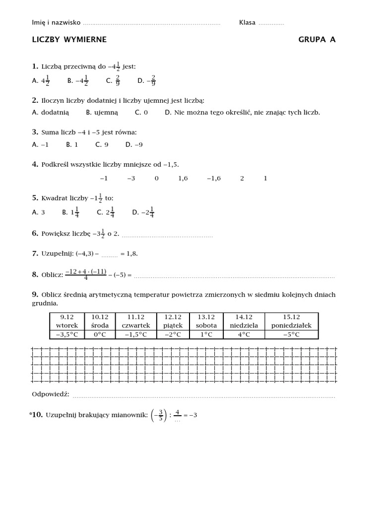 Liczby Wymierne Sprawdzian Klasa 7 Pdf