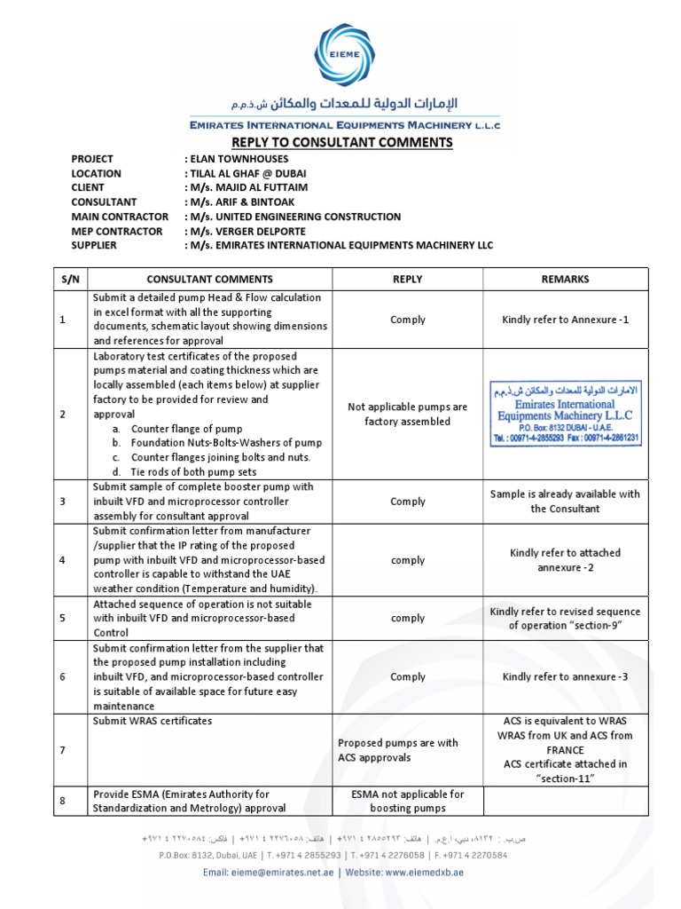 Consultant Comments Response for Elan Townhouses | PDF | Pump ...